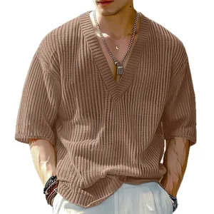 Stylish men's casual V-neck ribbed knit short sleeve shirt in brown relaxed fit