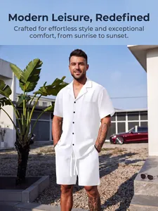 Modern men's white textured summer two-piece leisure set with button-down shirt