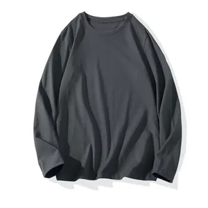 Detailed macro view of the dark grey long-sleeve T-shirt fabric and crew neck