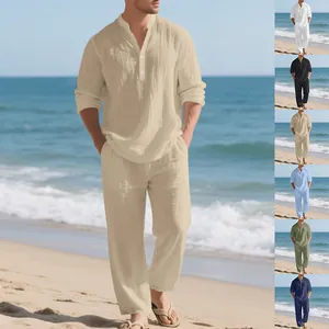 Full body view of men's casual linen Henley set with multiple color options shown