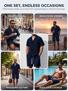 Men's navy summer set shown in multiple lifestyle scenarios like beach and lounge.