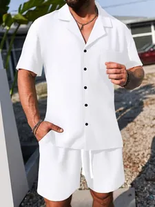 Detailed view of white textured men's summer shirt and shorts set for casual wear