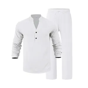 Detailed view of white breathable linen long-sleeve Henley shirt and matching pants.