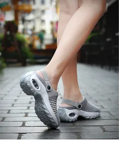 Detail of women's grey mesh platform sandals with comfortable air cushion sole