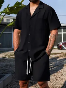 Men's black casual textured short-sleeve shirt and shorts set for summer fashion