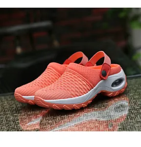 Detail of breathable coral mesh rocker-sole sandals for women with cushioned platform