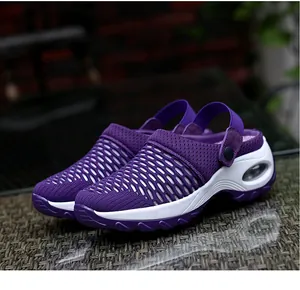 Detailed side view of purple breathable mesh rocker mules featuring an air cushion sole