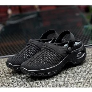 Detail of black mesh rocker sole sandals with breathable woven upper