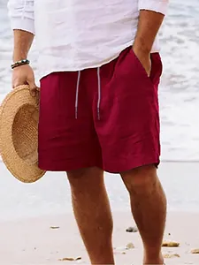 Casual men's burgundy linen drawstring beach shorts perfect for summer outdoor wear