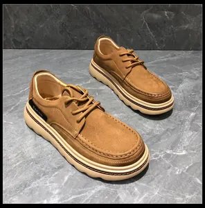 Close-up detail of brown leather men's casual work shoes with thick soft wavy sole