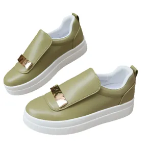 Fashionable olive green platform sneakers with gold metal bar decoration for women