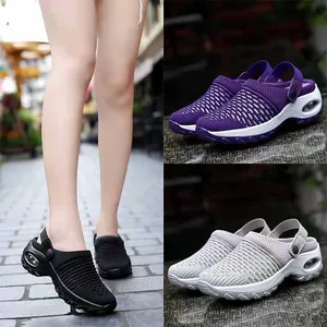 Breathable mesh women's rocker sole slip-on sandals in black, purple, and grey