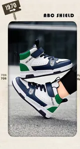 Detailed side view of high-top boys navy and white waterproof leather sneakers with shield logo