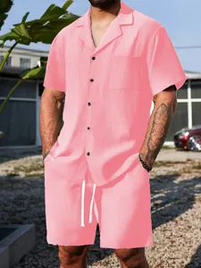 Front view of men's pink casual co-ord set featuring a textured shirt and drawstring shorts