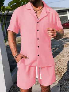 Full view of men's casual pink waffle texture short sleeve shirt and shorts set