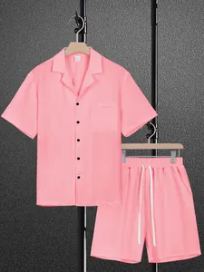 Men's pink two-piece casual set featuring a button-down shirt and matching shorts