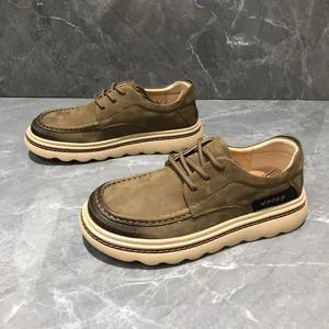 Premium men's olive green genuine leather loafers with stylish thick wavy beige soft soles