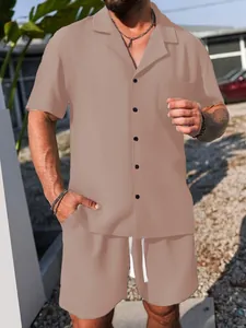 Close-up of men's casual summer two-piece set featuring textured fabric and relaxed fit