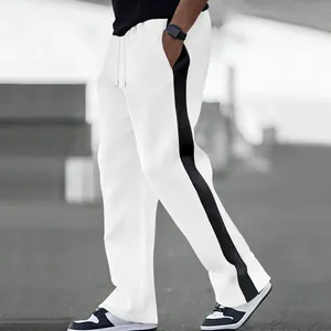 Men's white heavyweight joggers with black side stripe and loose straight leg design