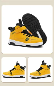 Yellow high-top kids sneakers with anti-slip rubber soles and secure velcro straps