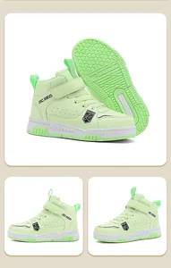 Multi-angle views of lime green high-top waterproof sneakers for boys with non-slip soles