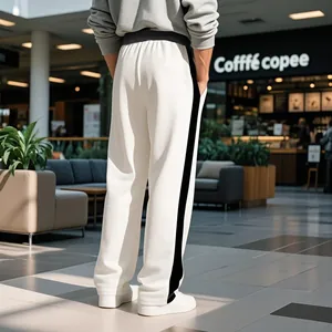 Back view of men's heavy fleece loose straight sweatpants with black side stripe
