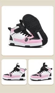 Multi-angle view of pink and white kids' high-top sneakers with anti-slip sole detail