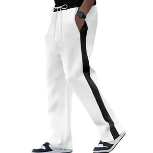 Side view detail of men's white sweatpants with black side stripes and drawstring