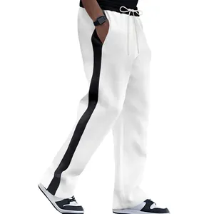 Detailed side view of men's white heavy fleece track pants featuring black side stripes