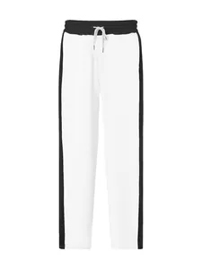 Men's white heavyweight sweatpants with black side stripes and contrast drawstring waist.
