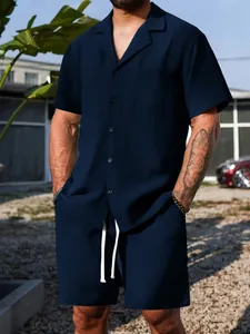 Detailed view of navy blue waffle knit men's casual short sleeve shirt and shorts set.