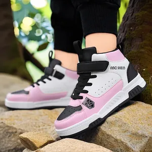 Waterproof pink and white kids' high-top leather sneakers with non-slip soles for autumn