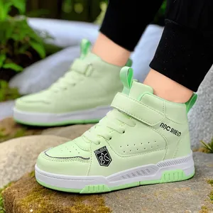 Boys' high-top sneakers in mint green with waterproof leather and anti-slip sole