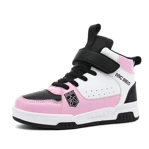 Pink and white high-top sneakers for boys with anti-slip leather surface for autumn wear