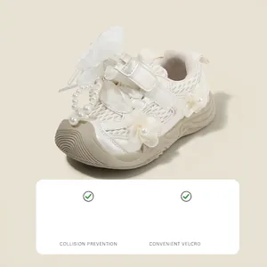 Elegant toddler girls' ballet style sneakers with decorative pearl and flower accents