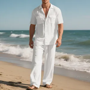 Conjunto de lino blanco para hombre con camisa de manga corta y pantalón largo