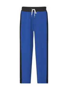 High-quality blue and black colorblock joggers featuring a white adjustable drawstring waist.