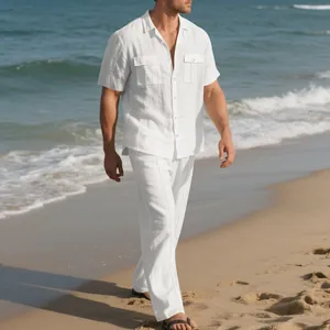 Conjunto de lino blanco para hombre con camisa de manga corta y pantalón largo para el verano