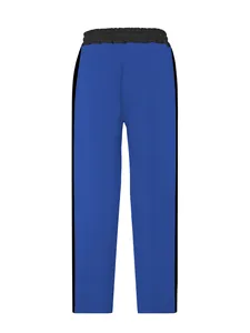 Men's blue straight-leg sweatpants with black side stripes and elastic waist