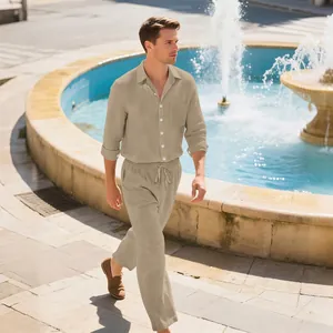 Men's casual linen two-piece set featuring long sleeve shirt and matching pants.