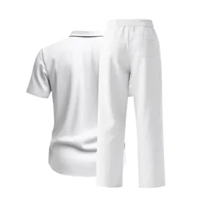 Conjunto de dos piezas de lino blanco para hombre con camisa de manga corta y pantalón