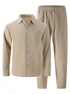 Detailed texture of men's breathable khaki linen long sleeve shirt and trousers set