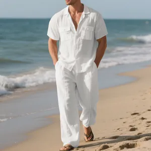 Conjunto de playa de lino blanco para hombre con camisa de manga corta y pantalón