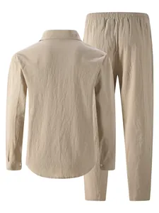 Detailed back view of men's beige linen casual set showing soft fabric textures.