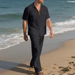 Conjunto casual de lino negro para hombre con camisa de manga corta y pantalón holgado de playa