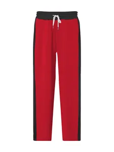 Detailed view of red and black heavyweight terry straight leg men's sweatpants