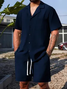 Men's navy blue waffle knit summer set with short sleeve button-up shirt and shorts