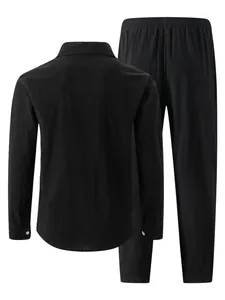 Detailed back view of men's black breathable linen casual long sleeve shirt and trousers set