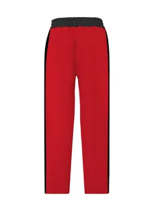Detailed view of red heavyweight terry sweatpants with black side stripes for men