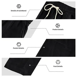 Vistas detalladas de pantalones de lino negro para hombre con cintura, bolsillos y bajo.